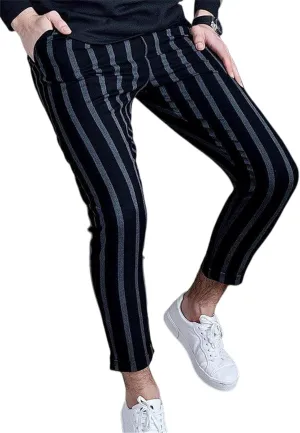 Men's Striped Chinos Pants Slim Fit Drawstring Waist Stretchy Flat Front Skinny Dress Pants with Pockets for Everyday