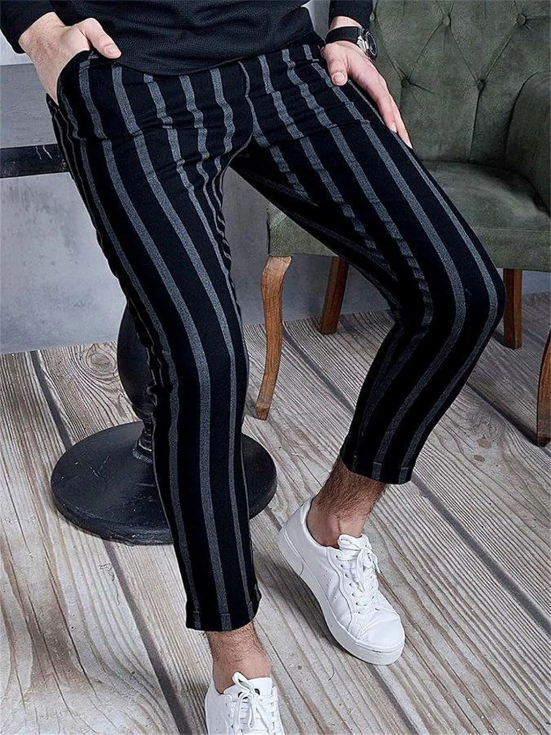 Men's Striped Chinos Pants Slim Fit Drawstring Waist Stretchy Flat Front Skinny Dress Pants with Pockets for Everyday