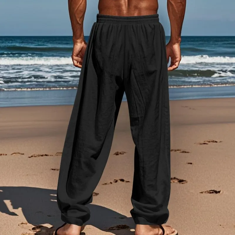 Mens Sweatpants Cotton Linen Waist Drawstring Straight Leg Casual Regular Fit Classic Trousers Outdoor Beach Pants