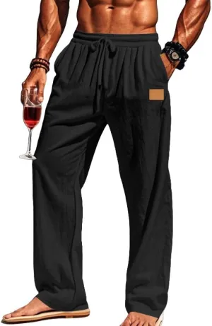 Mens Sweatpants Cotton Linen Waist Drawstring Straight Leg Casual Regular Fit Classic Trousers Outdoor Beach Pants