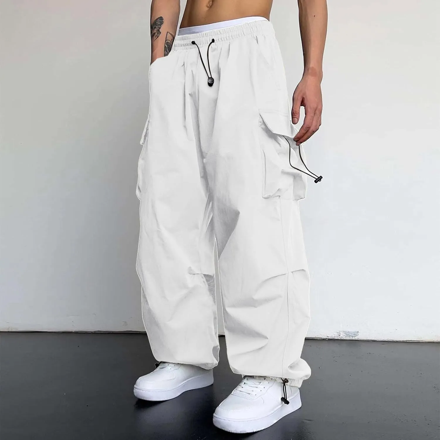 Mens Sweatpants with Pockets Wide Leg Baggy Elastic Waist Parachute Pants Lightweight Drawstring Comfy Casual Cargo Joggers