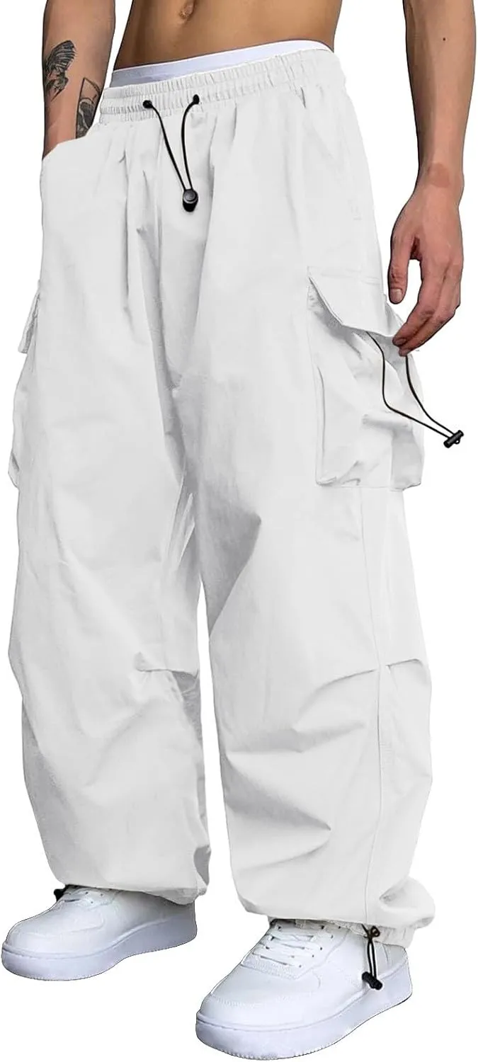 Mens Sweatpants with Pockets Wide Leg Baggy Elastic Waist Parachute Pants Lightweight Drawstring Comfy Casual Cargo Joggers