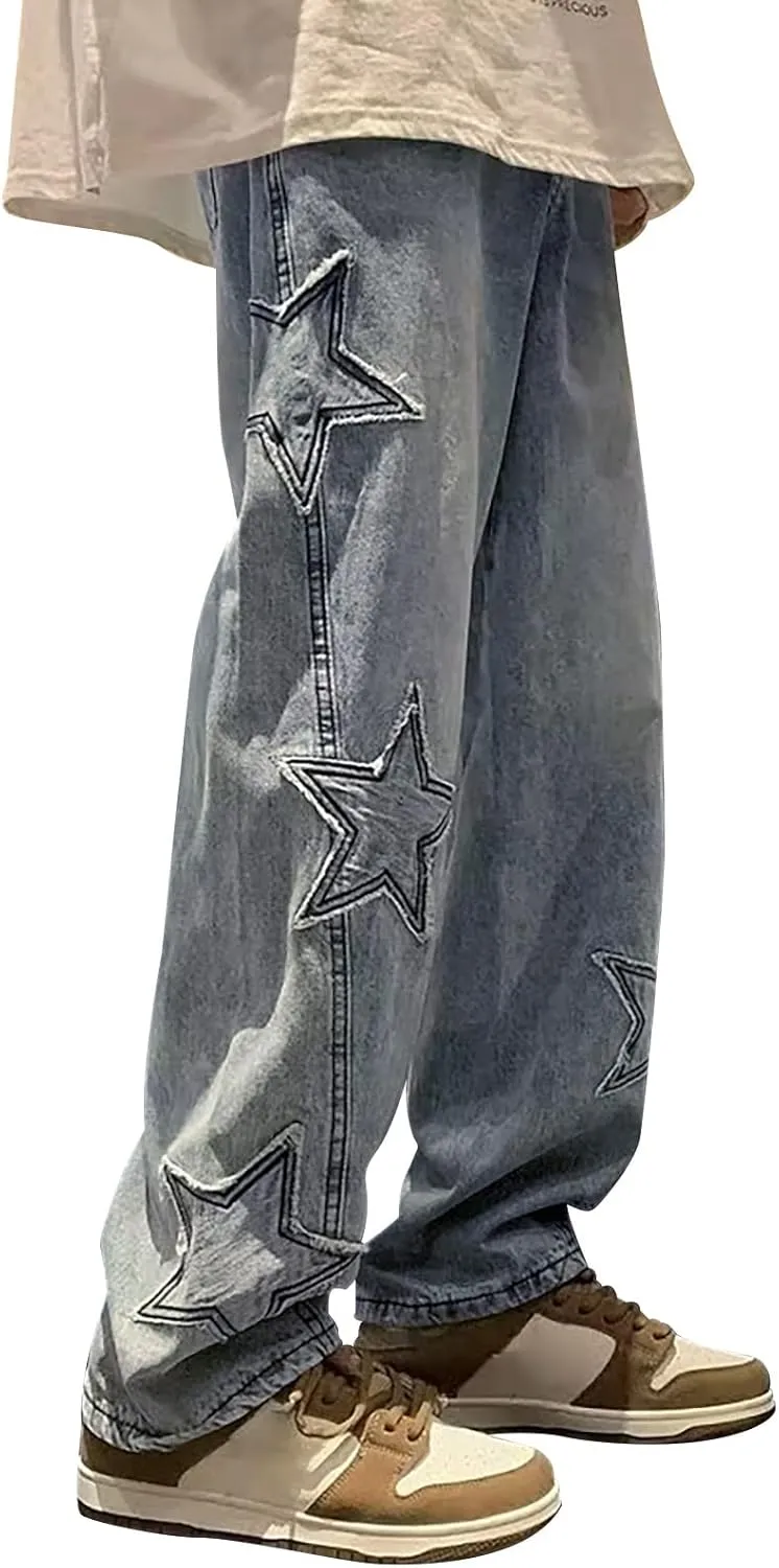 Men's Y2K Jeans Vintage Hip Hop Streetwear Baggy Denim Pants Loose Fit Straight Leg Embroidery Harajuku Denim Pants Trousers