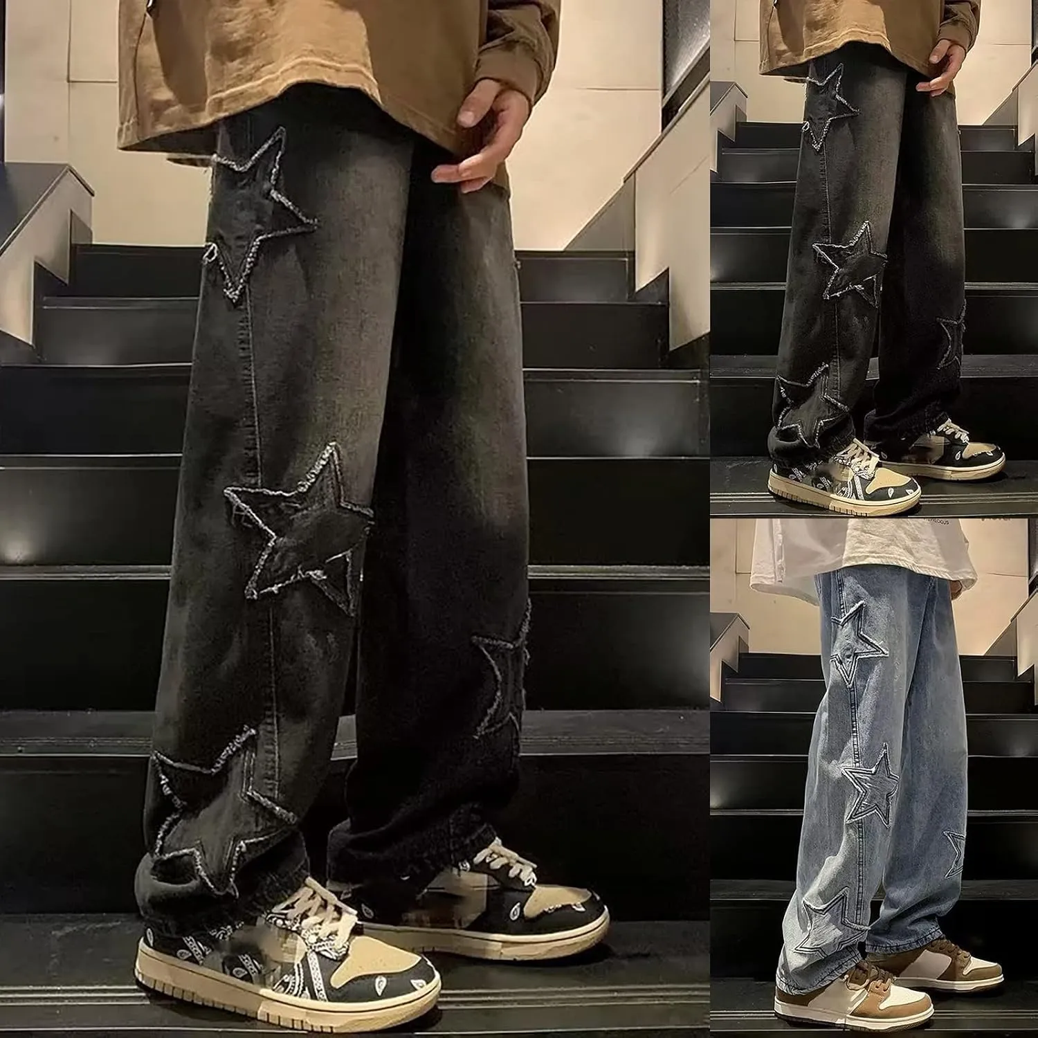 Men's Y2K Jeans Vintage Hip Hop Streetwear Baggy Denim Pants Loose Fit Straight Leg Embroidery Harajuku Denim Pants Trousers