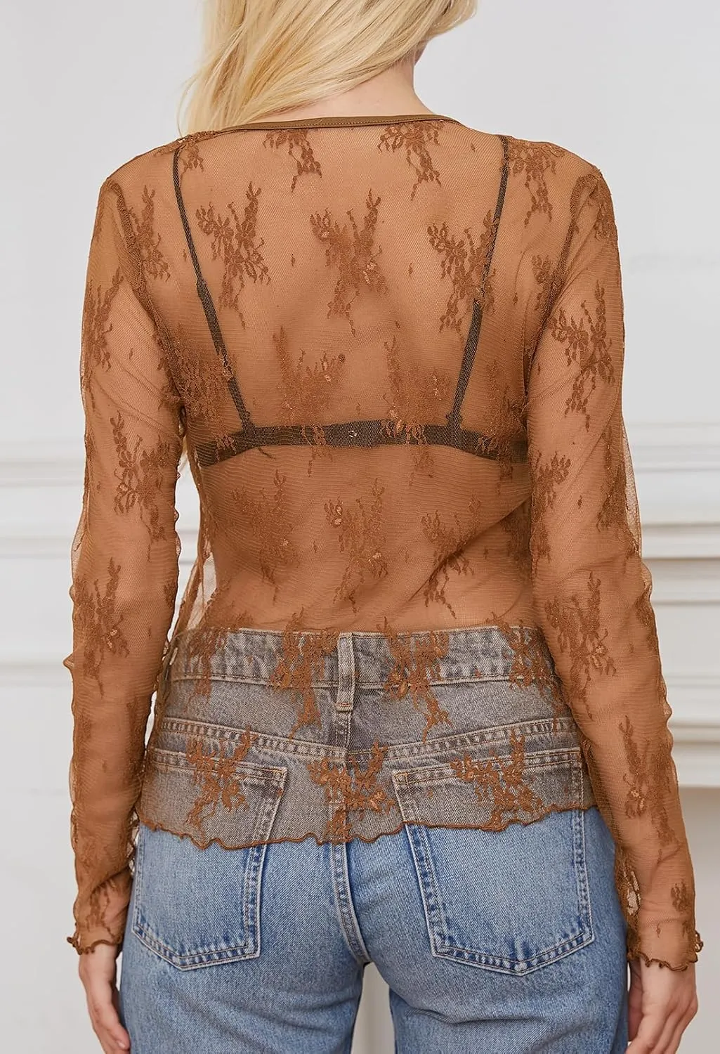 MEROKEETY Womens 2025 Spring Lace Sheer Mesh Top Crewneck Sexy Y2k See Through Going Out Long Sleeve Blouse Shirts