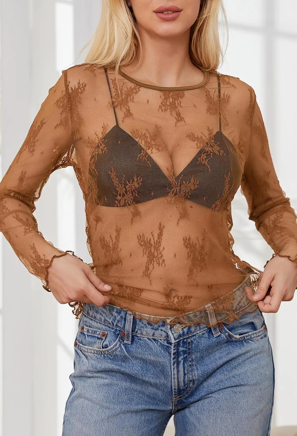 MEROKEETY Womens 2025 Spring Lace Sheer Mesh Top Crewneck Sexy Y2k See Through Going Out Long Sleeve Blouse Shirts