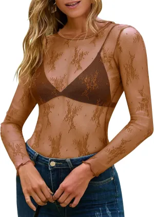 MEROKEETY Womens 2025 Spring Lace Sheer Mesh Top Crewneck Sexy Y2k See Through Going Out Long Sleeve Blouse Shirts