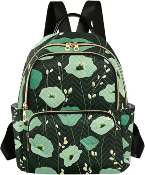 Mini Backpack for Women Beautiful Green Flowers Pattern Small Purse Daypacks Stylish Bags Lightweight Travel Backpacks for College Shopping Work Dating