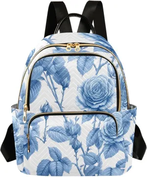Mini Backpack for Women Blue Flower Pattern Leaves Small Purse Daypacks Stylish Bags Lightweight Travel Backpacks for College Shopping Work Dating