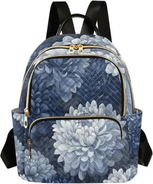 Mini Backpack for Women Blue Grey Chrysanthemum Flowers Small Purse Daypacks Stylish Bags Lightweight Travel Backpacks for College Shopping Work Dating