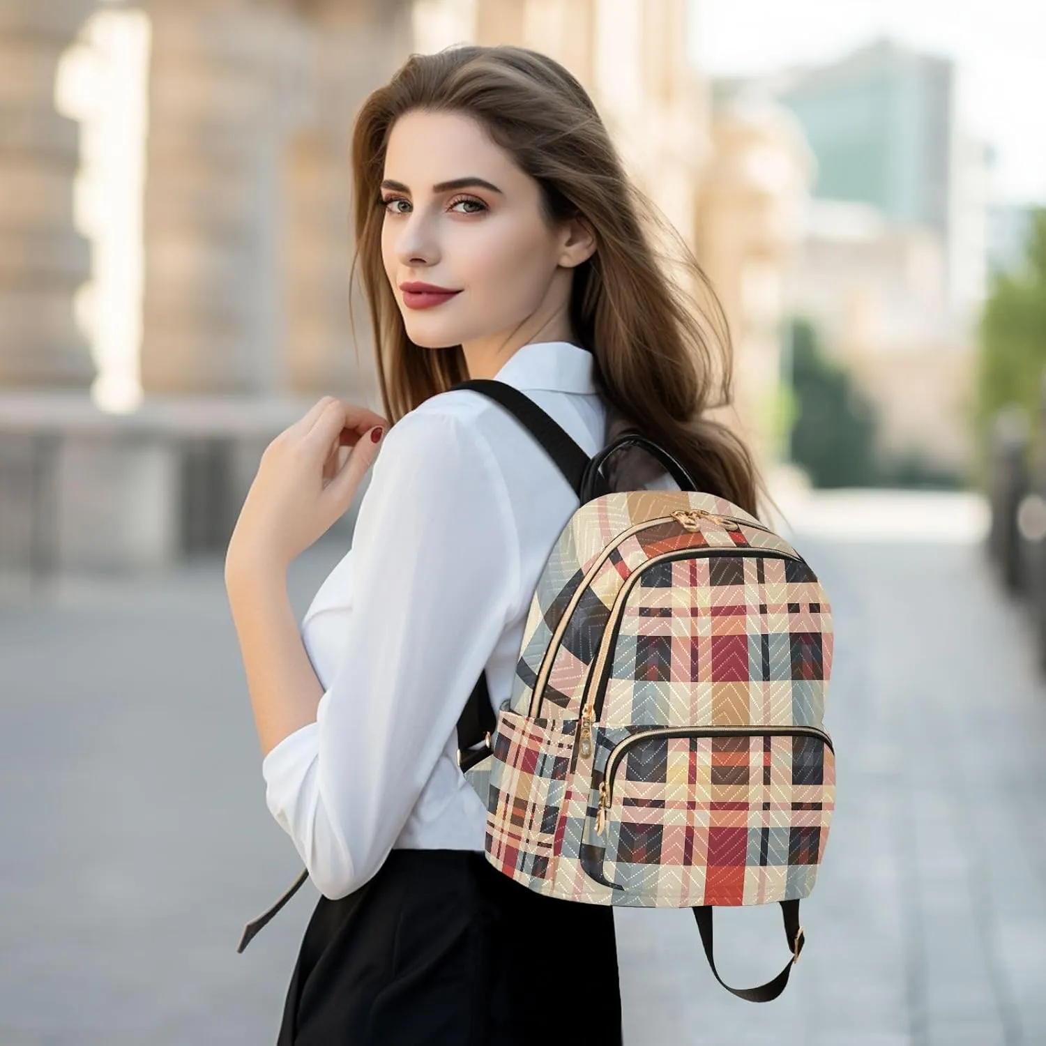 Mini Backpack for Women Brown Beige Checked Plaid Small Purse Daypacks Stylish Bags Lightweight Travel Backpacks for College Shopping Work Dating