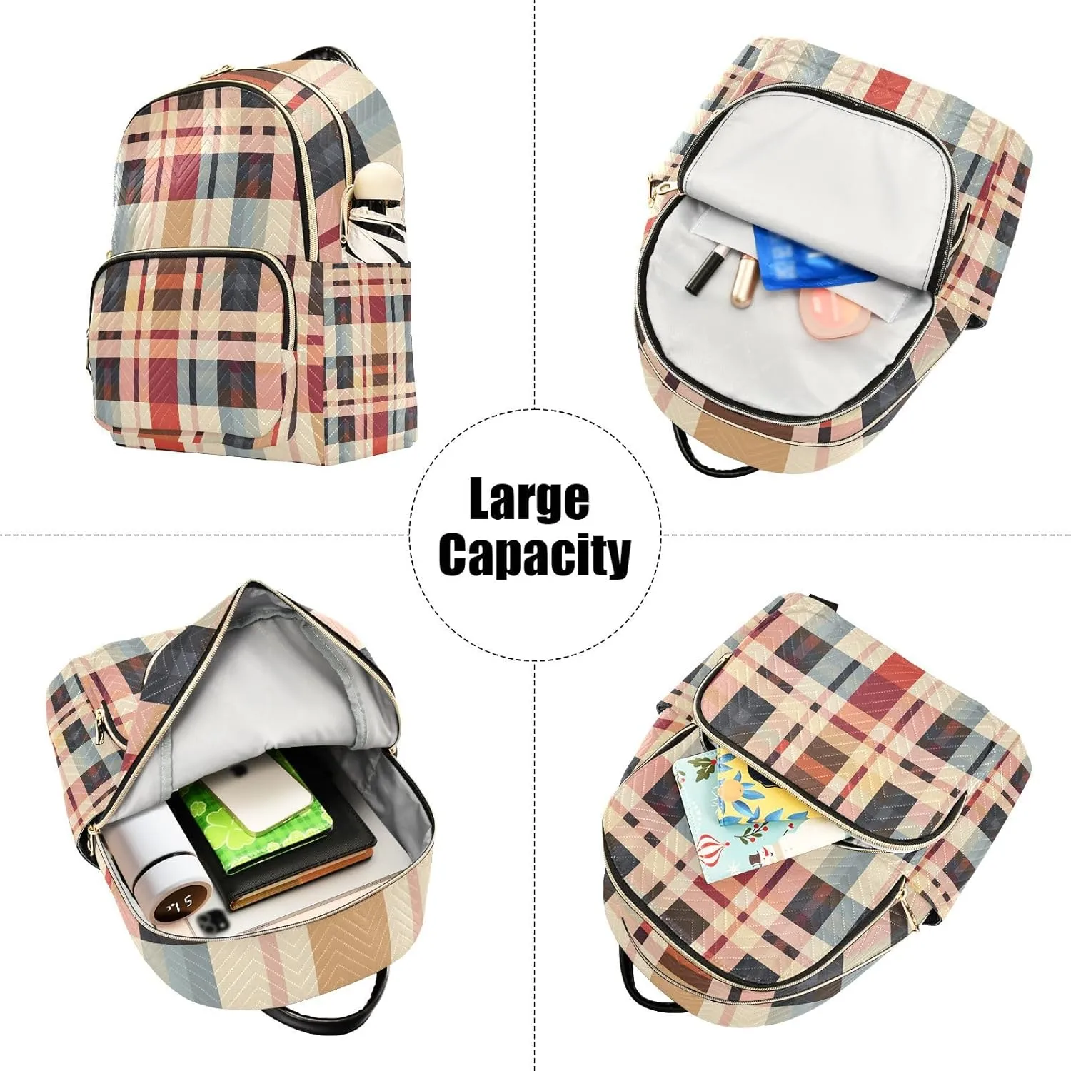 Mini Backpack for Women Brown Beige Checked Plaid Small Purse Daypacks Stylish Bags Lightweight Travel Backpacks for College Shopping Work Dating