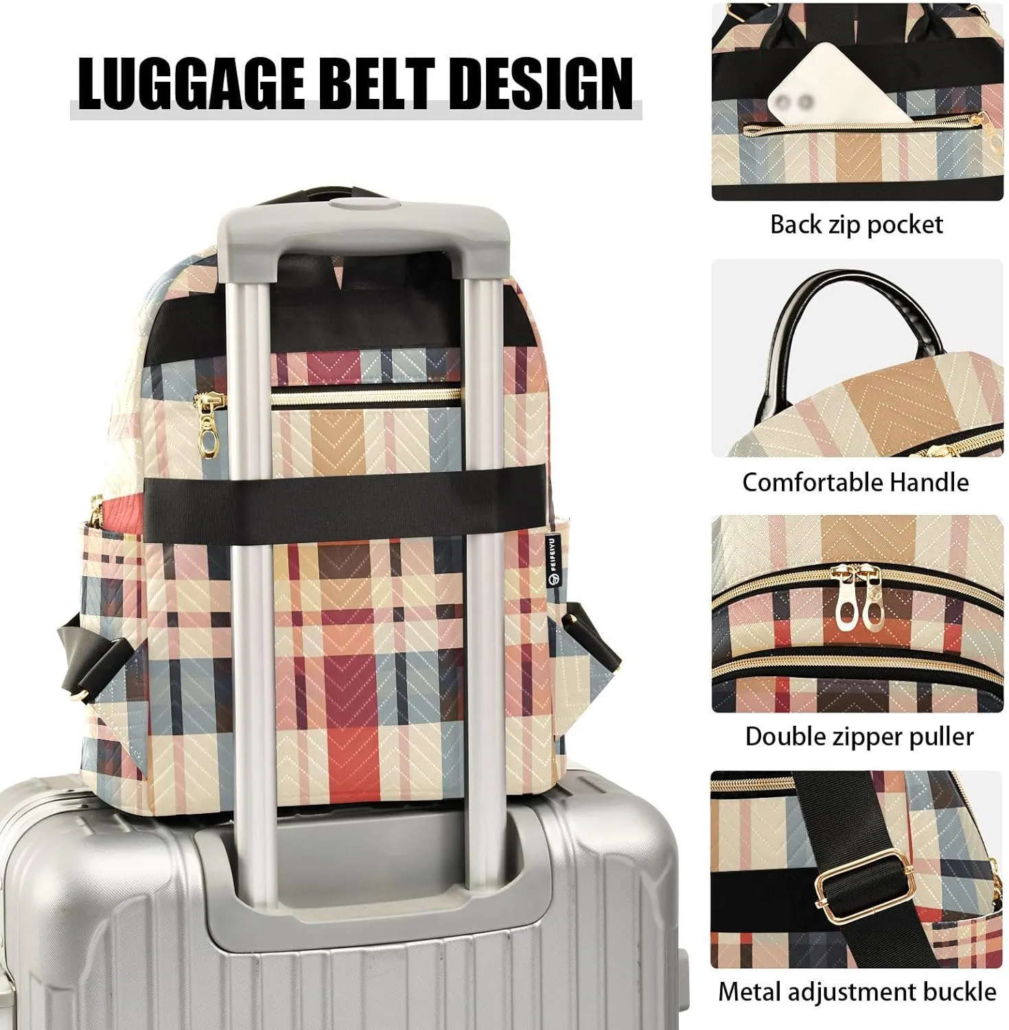 Mini Backpack for Women Brown Beige Checked Plaid Small Purse Daypacks Stylish Bags Lightweight Travel Backpacks for College Shopping Work Dating