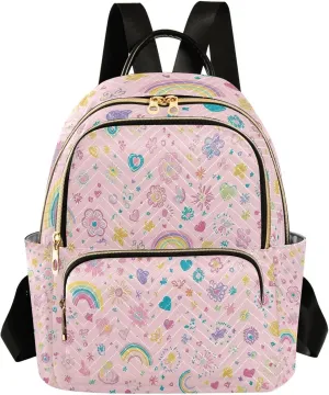 Mini Backpack for Women Cartoon Rainbow Flowers Hearts Pink Painting Small Purse Daypacks Stylish Bags Lightweight Travel Backpacks for College Shopping Work Dating