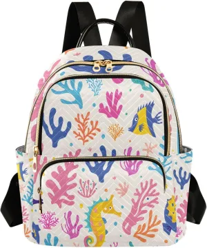 Mini Backpack for Women Colorful Funny Seahorses Corals Small Purse Daypacks Stylish Bags Lightweight Travel Backpacks for College Shopping Work Dating