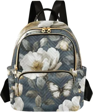 Mini Backpack for Women Flower White Pattern Butterfly Small Purse Daypacks Stylish Bags Lightweight Travel Backpacks for College Shopping Work Dating