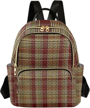 Mini Backpack for Women Maroon Gold Plaid Pattern Small Purse Daypacks Stylish Bags Lightweight Travel Backpacks for College Shopping Work Dating