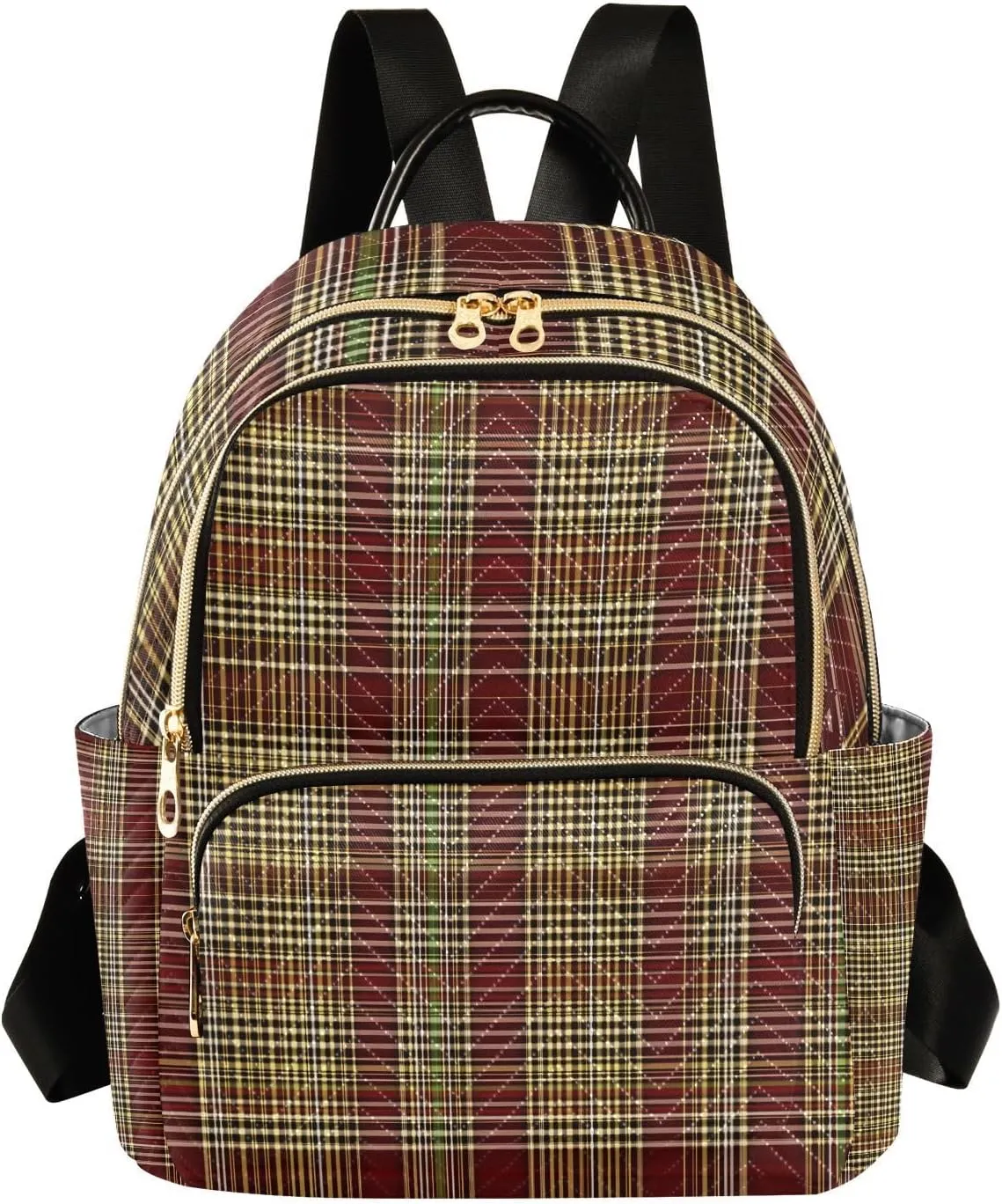 Mini Backpack for Women Maroon Gold Plaid Pattern Small Purse Daypacks Stylish Bags Lightweight Travel Backpacks for College Shopping Work Dating