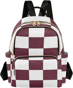 Mini Backpack for Women Maroon White Check Pattern Small Purse Daypacks Stylish Bags Lightweight Travel Backpacks for College Shopping Work Dating