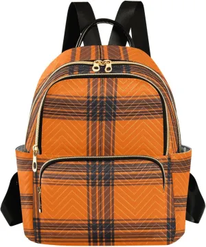 Mini Backpack for Women Orange Black Checked Small Purse Daypacks Stylish Bags Lightweight Travel Backpacks for College Shopping Work Dating