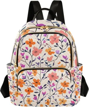 Mini Backpack for Women Orange Yellow Pink Flowers Pattern Small Purse Daypacks Stylish Bags Lightweight Travel Backpacks for College Shopping Work Dating