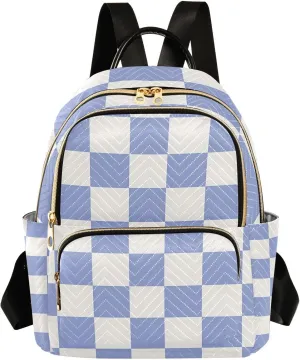 Mini Backpack for Women Pastel Blue - White Check Pattern Small Purse Daypacks Stylish Bags Lightweight Travel Backpacks for College Shopping Work Dating