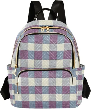 Mini Backpack for Women Plum - Blue Check Pattern Small Purse Daypacks Stylish Bags Lightweight Travel Backpacks for College Shopping Work Dating