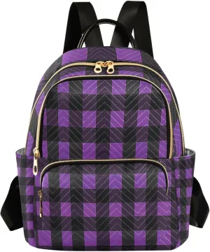 Mini Backpack for Women Purple and Black Checked Small Purse Daypacks Stylish Bags Lightweight Travel Backpacks for College Shopping Work Dating