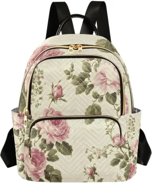 Mini Backpack for Women Retro Flower Pink Green Pattern Small Purse Daypacks Stylish Bags Lightweight Travel Backpacks for College Shopping Work Dating
