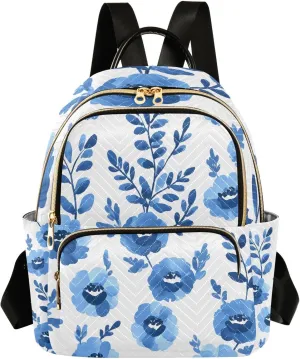 Mini Backpack for Women Rose Flower Blue Leaves Pattern Small Purse Daypacks Stylish Bags Lightweight Travel Backpacks for College Shopping Work Dating