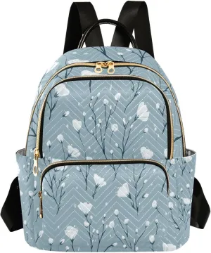 Mini Backpack for Women Tiny Flowers White Pattern Small Purse Daypacks Stylish Bags Lightweight Travel Backpacks for College Shopping Work Dating