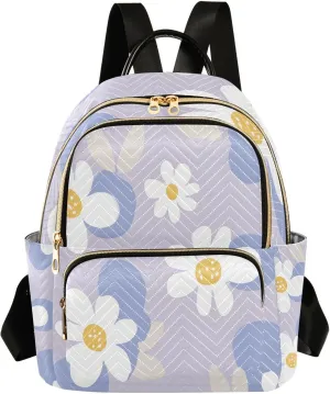 Mini Backpack for Women White Flower Pattern Purple Small Purse Daypacks Stylish Bags Lightweight Travel Backpacks for College Shopping Work Dating