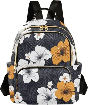 Mini Backpack for Women White Orange Tropical Flowers Small Purse Daypacks Stylish Bags Lightweight Travel Backpacks for College Shopping Work Dating