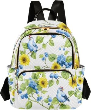 Mini Backpack for Women Yellow Blue Flower Bird Green Leaves Small Purse Daypacks Stylish Bags Lightweight Travel Backpacks for College Shopping Work Dating