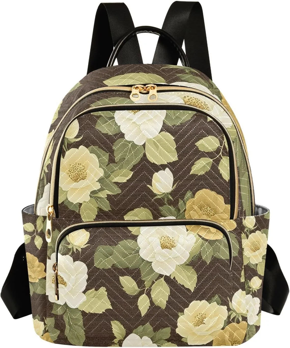 Mini Backpack for Women Yellow Flower Leaves Black Pattern Small Purse Daypacks Stylish Bags Lightweight Travel Backpacks for College Shopping Work Dating