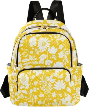 Mini Backpack for Women Yellow White Wildflowers Pattern Small Purse Daypacks Stylish Bags Lightweight Travel Backpacks for College Shopping Work Dating