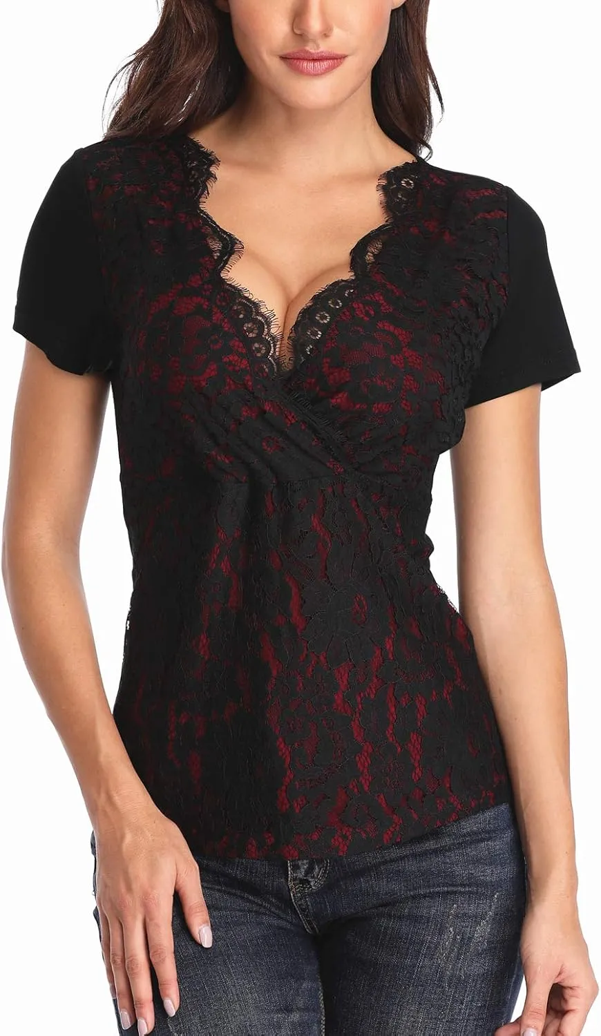 MISS MOLY Women's Scallop V Neck Sexy Sleeveless Lace Tank Top Elegant Slim Fit Summer Tops Blouse Shirts