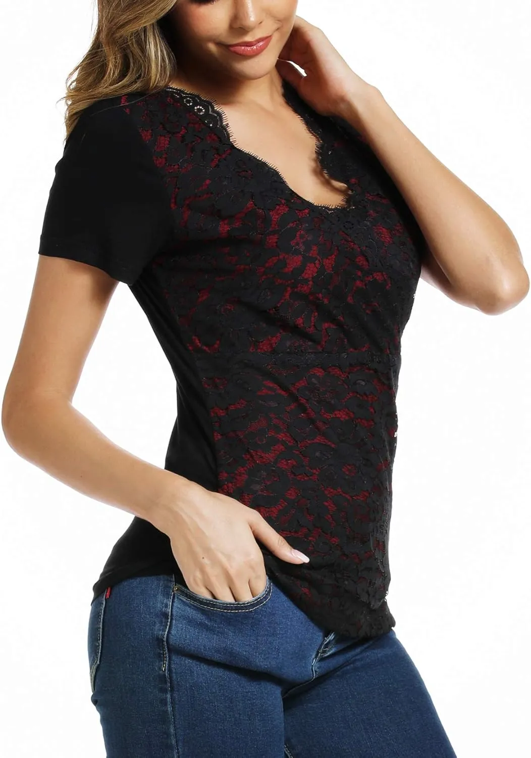MISS MOLY Women's Scallop V Neck Sexy Sleeveless Lace Tank Top Elegant Slim Fit Summer Tops Blouse Shirts