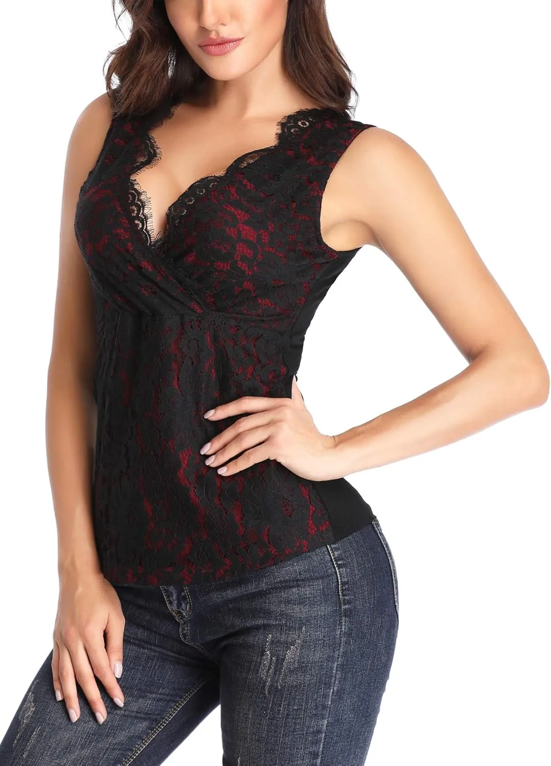 MISS MOLY Women's Scallop V Neck Sexy Sleeveless Lace Tank Top Elegant Slim Fit Summer Tops Blouse Shirts