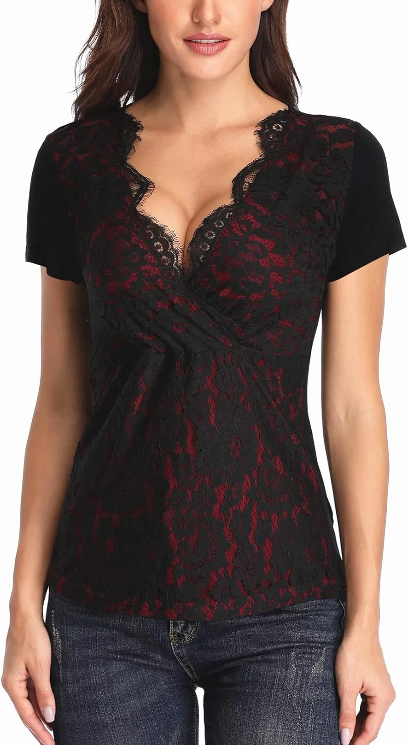 MISS MOLY Women's Scallop V Neck Sexy Sleeveless Lace Tank Top Elegant Slim Fit Summer Tops Blouse Shirts