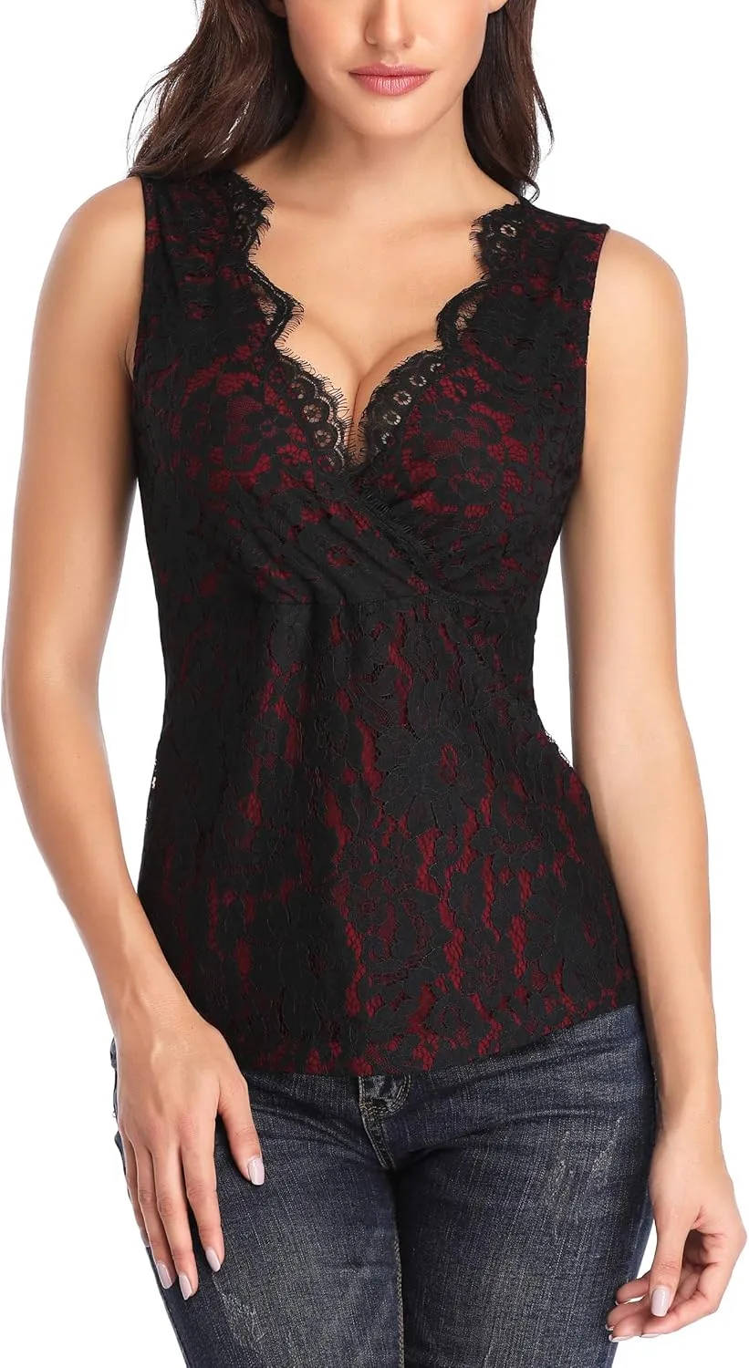 MISS MOLY Women's Scallop V Neck Sexy Sleeveless Lace Tank Top Elegant Slim Fit Summer Tops Blouse Shirts