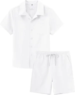 MoFiz Boy's Short 2 Pieces Set Casual Beach Outfits Button Down Shirts Shorts Vacation Texture Sets Kids 6-16 Years