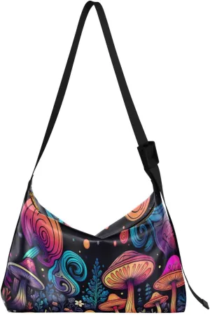Mushrooms and Flowers Shoulder Bag for Women Waterproof PU Leather Hobo Bags Crossbody Purse with Zipper Closure