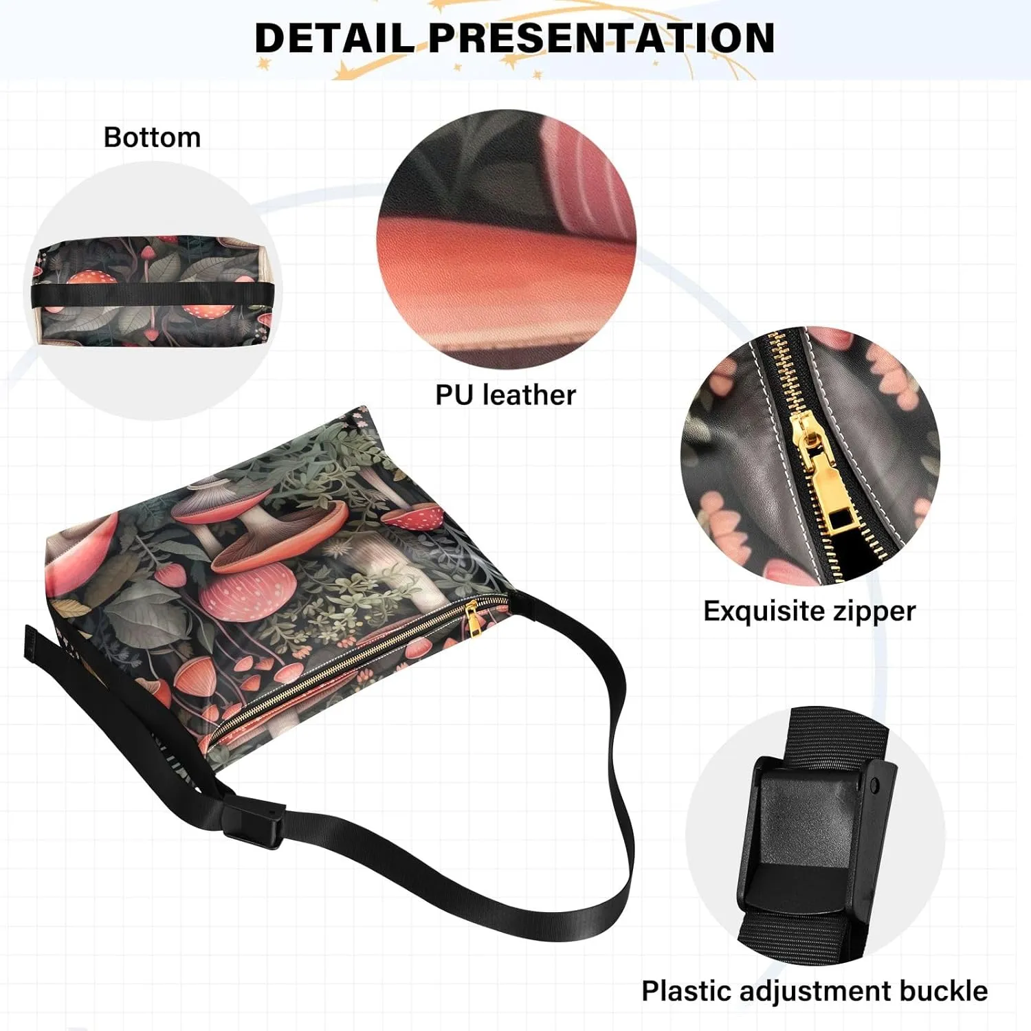 Mushrooms and Plants on Black Leather Crossbody Shoulder Bag, Women Leather Bag, Trendy Shoulder Bag