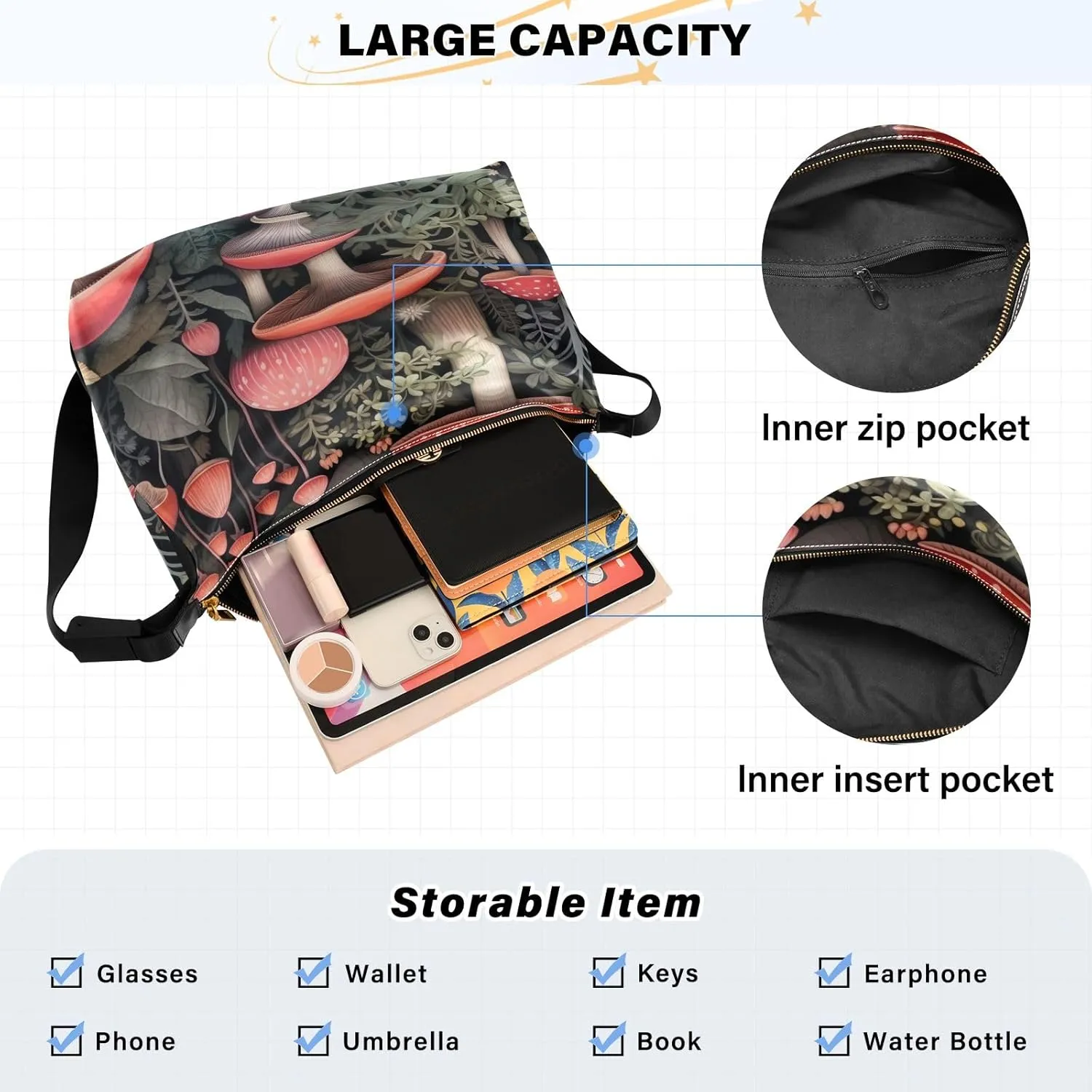 Mushrooms and Plants on Black Leather Crossbody Shoulder Bag, Women Leather Bag, Trendy Shoulder Bag