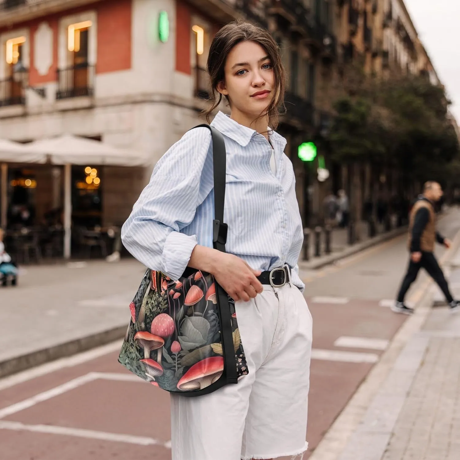 Mushrooms and Plants on Black Leather Crossbody Shoulder Bag, Women Leather Bag, Trendy Shoulder Bag