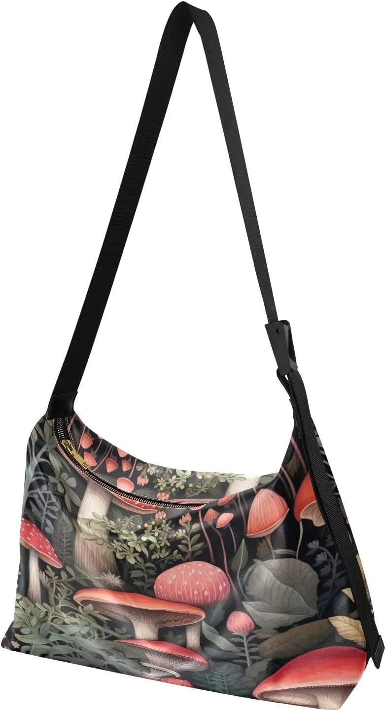 Mushrooms and Plants on Black Leather Crossbody Shoulder Bag, Women Leather Bag, Trendy Shoulder Bag