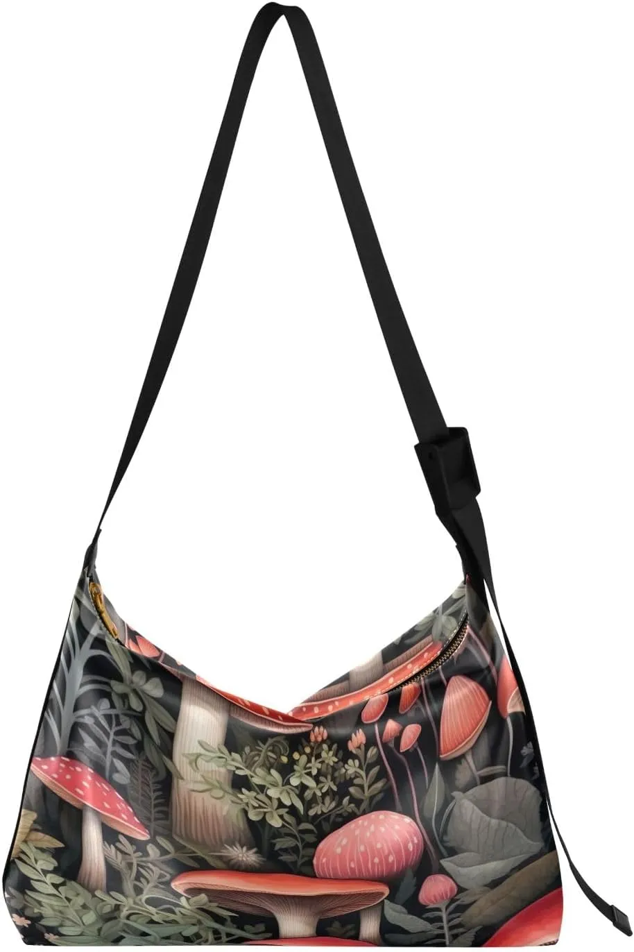 Mushrooms and Plants on Black Leather Crossbody Shoulder Bag, Women Leather Bag, Trendy Shoulder Bag