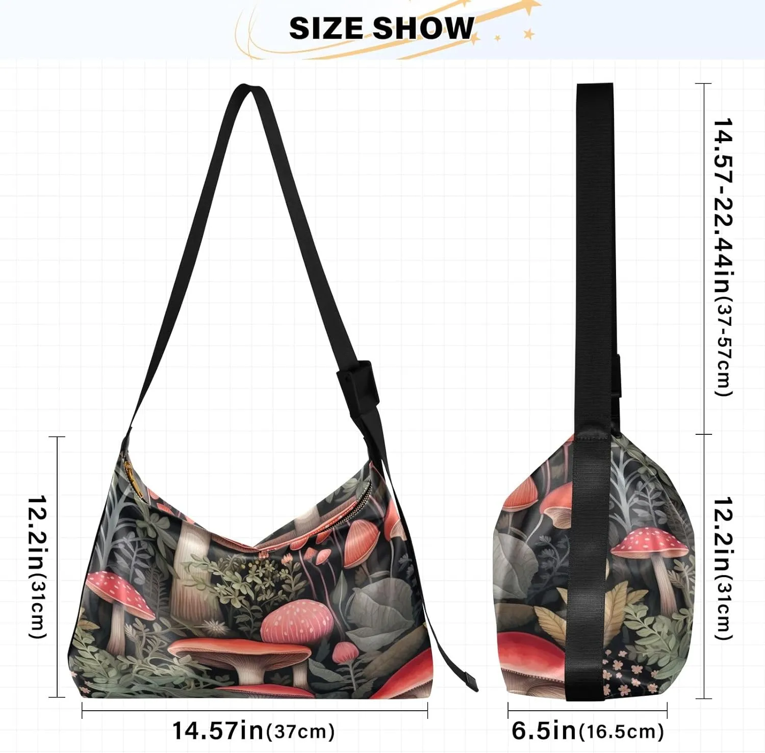 Mushrooms and Plants on Black Leather Crossbody Shoulder Bag, Women Leather Bag, Trendy Shoulder Bag