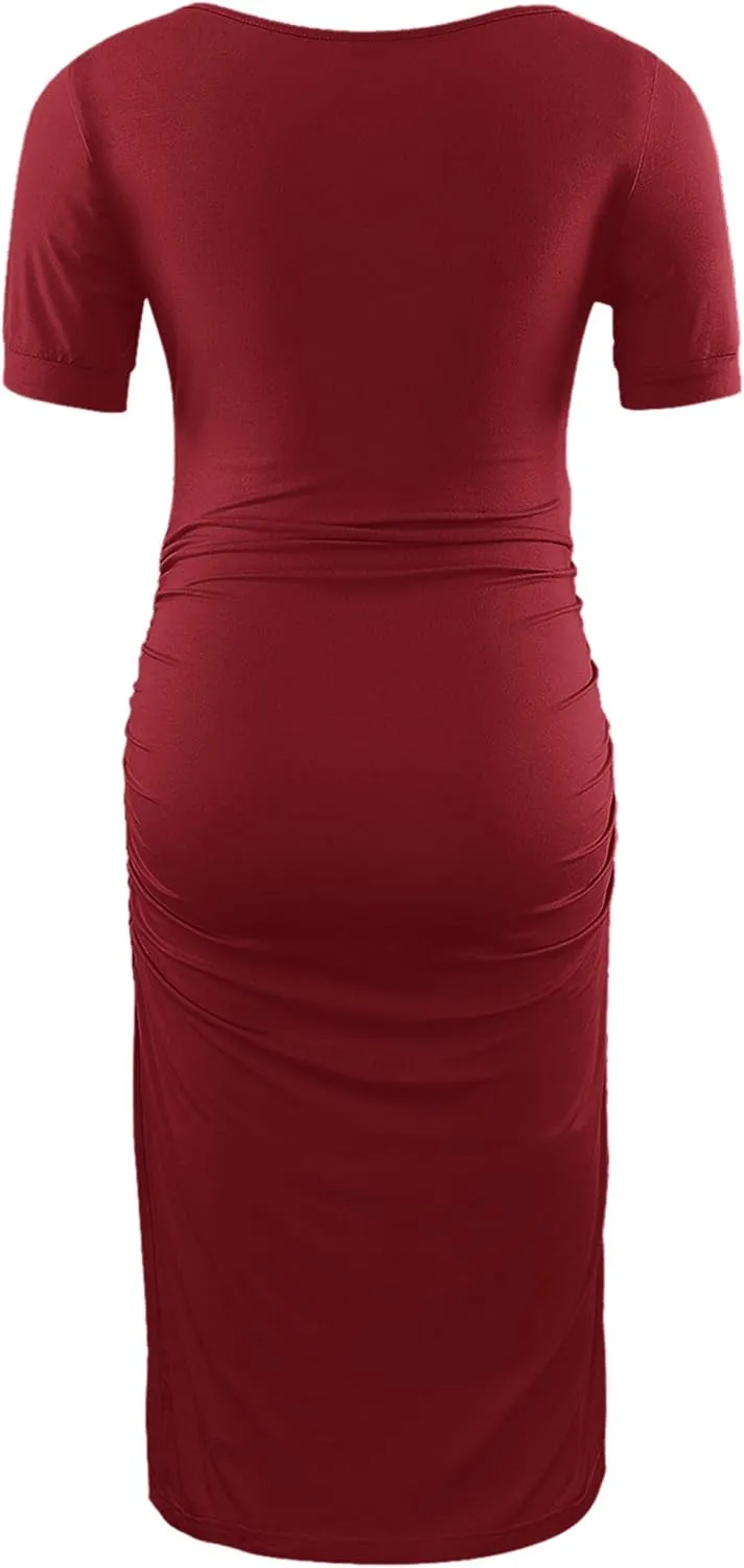MUSIDORA Solid Color & Floral Side Ruch Maternity Dress/Short Sleeve Bodycon Dress Baby Shower Daily Wear